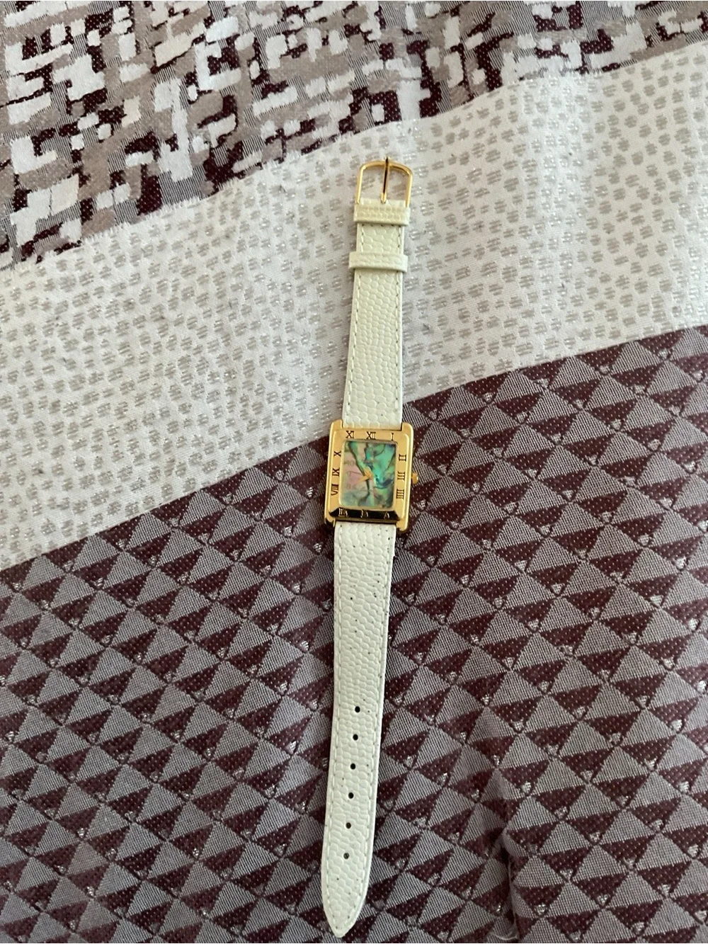 Vintage Rene Gold-Tone Square Watch with Abalone Dial and White Leather Strap